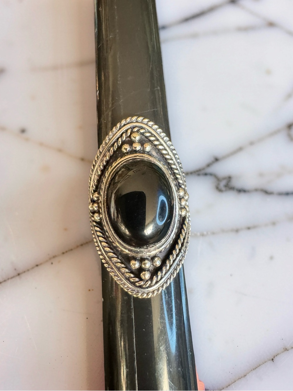 Black Onyx Sterling-Style Oval Ring with Rope & Bead Detail